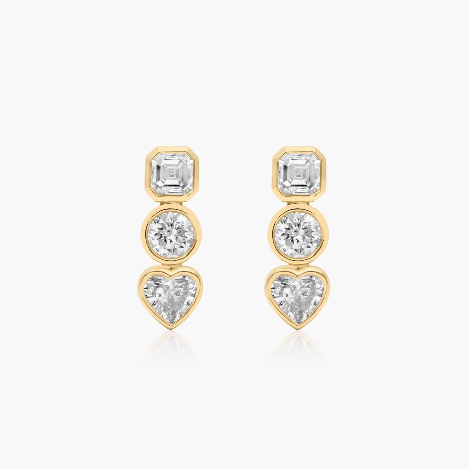 Bezels Lab Grown Asscher, Round, & Heart Diamond Drop Earrings