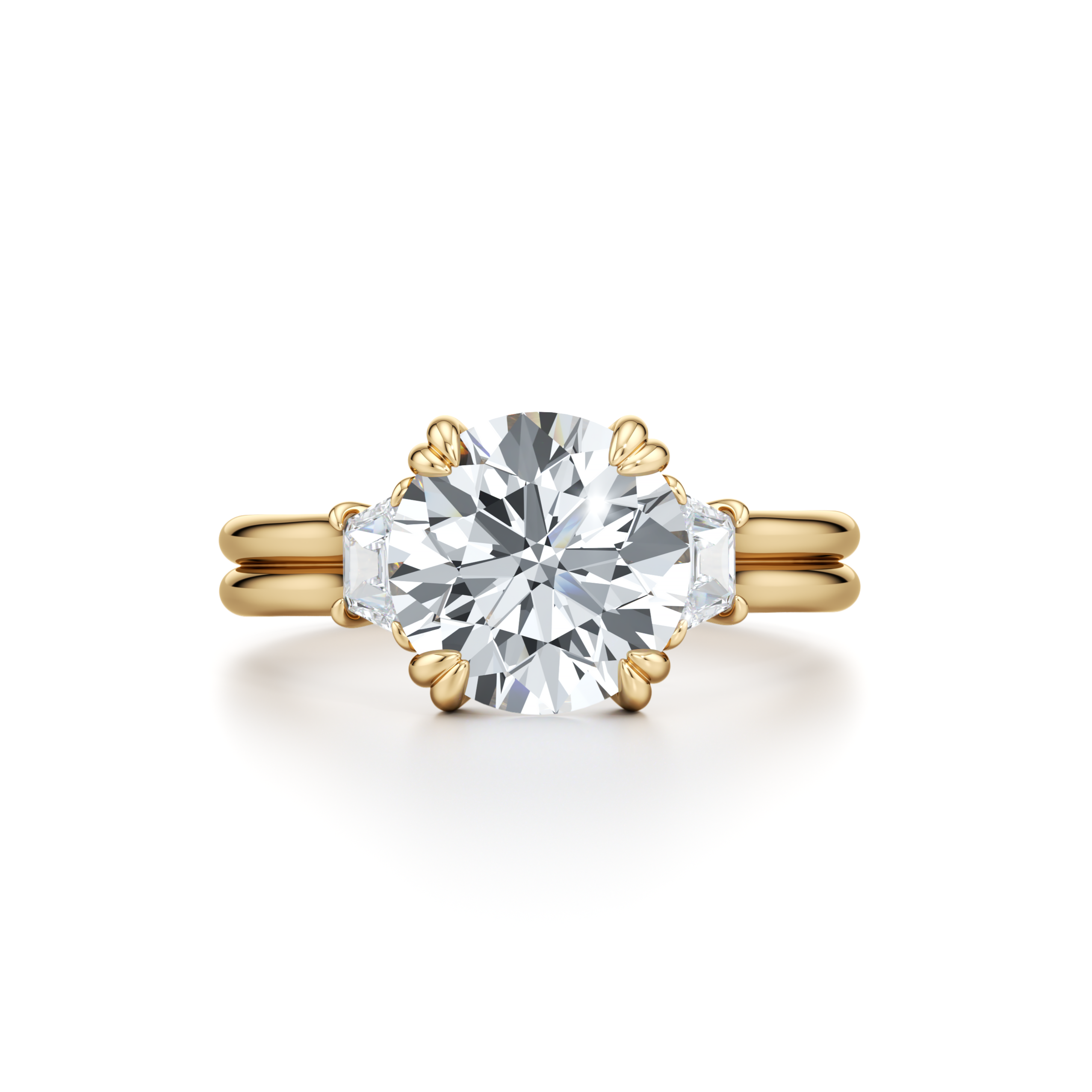 Ellen Round & Trapezoid Three Stone dual bands Engagement Ring