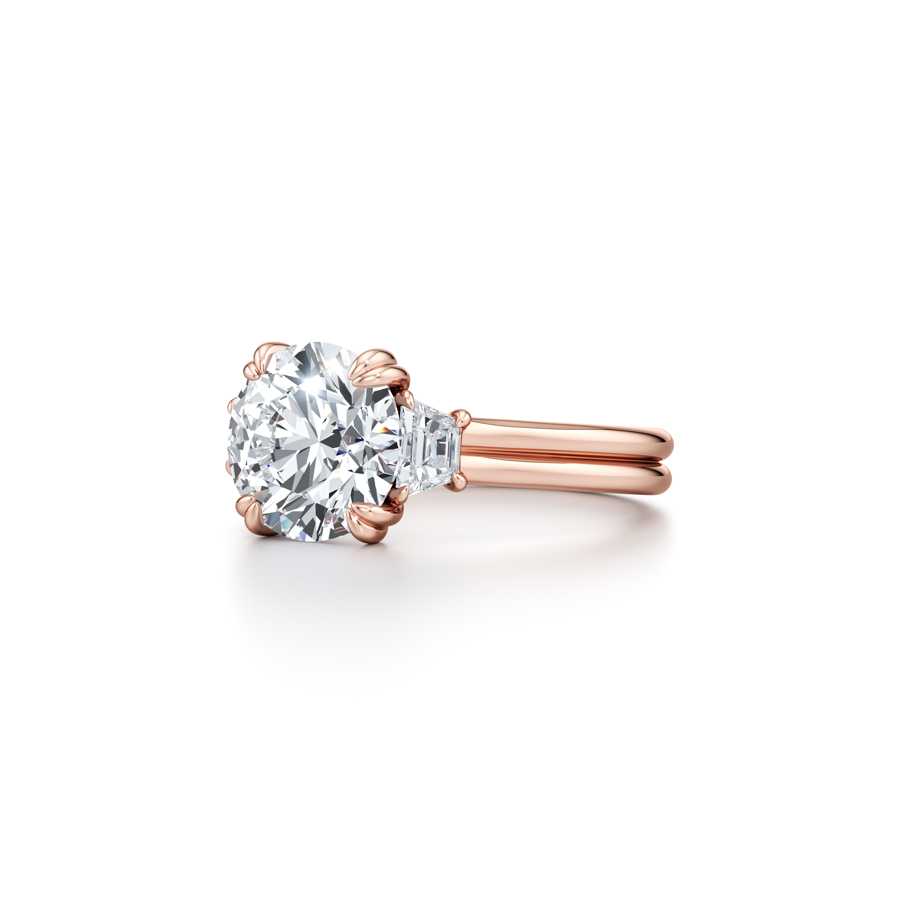 Ellen Round & Trapezoid Three Stone dual bands Engagement Ring