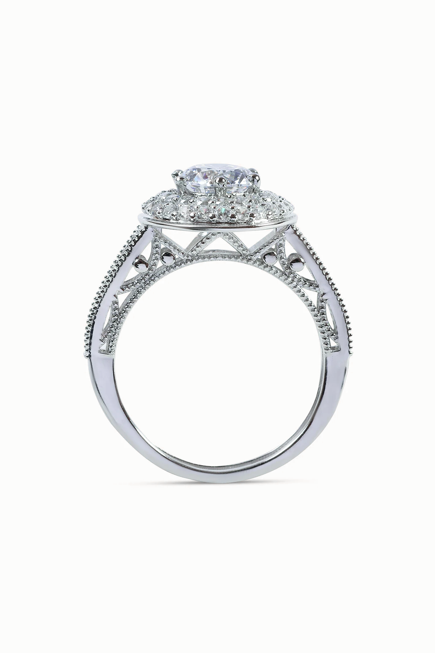 CELESTINA DOUBLE STUDDED HALO AND PAVE RING WITH ROUND BRILLIANT SOLITAIRE