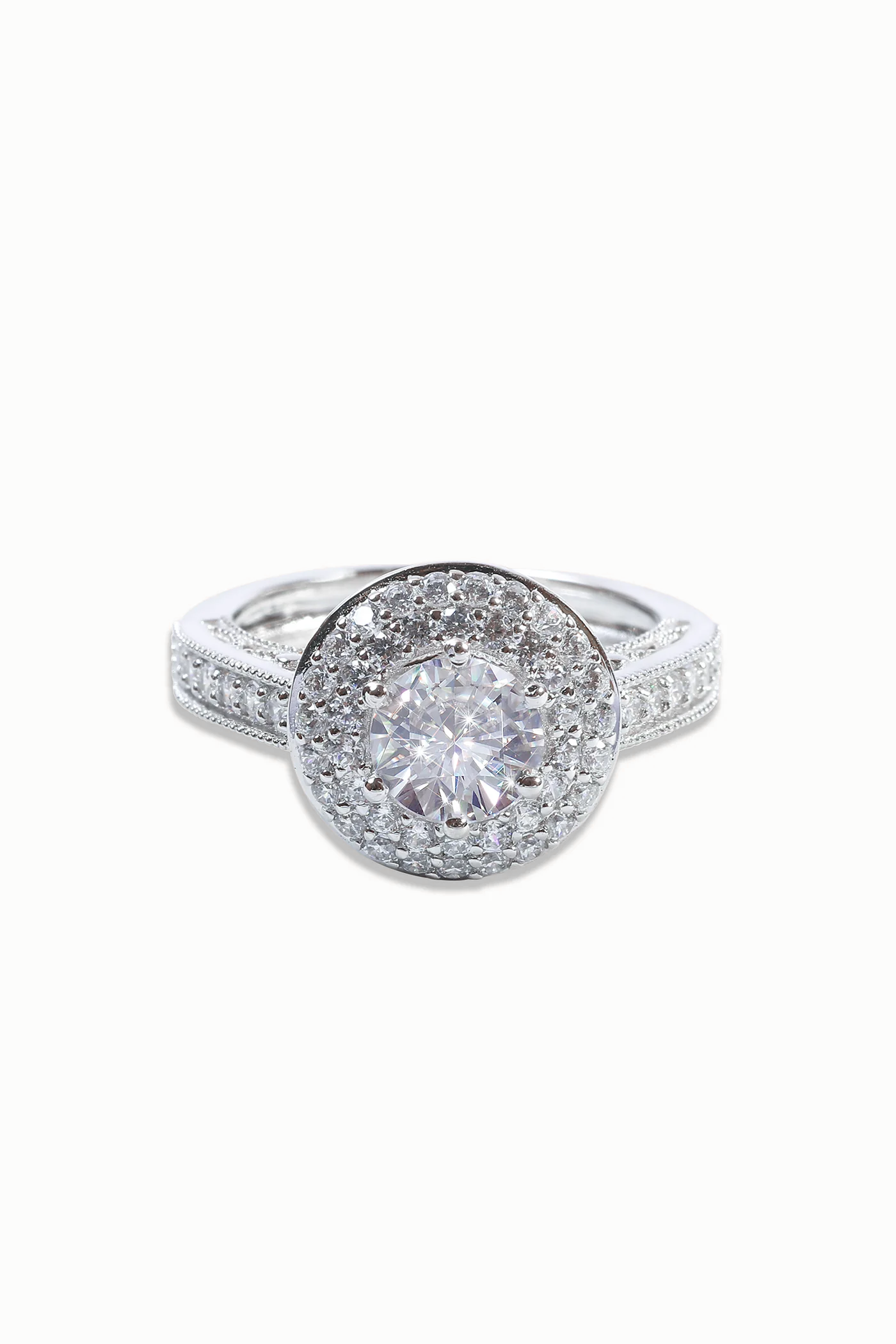 CELESTINA DOUBLE STUDDED HALO AND PAVE RING WITH ROUND BRILLIANT SOLITAIRE