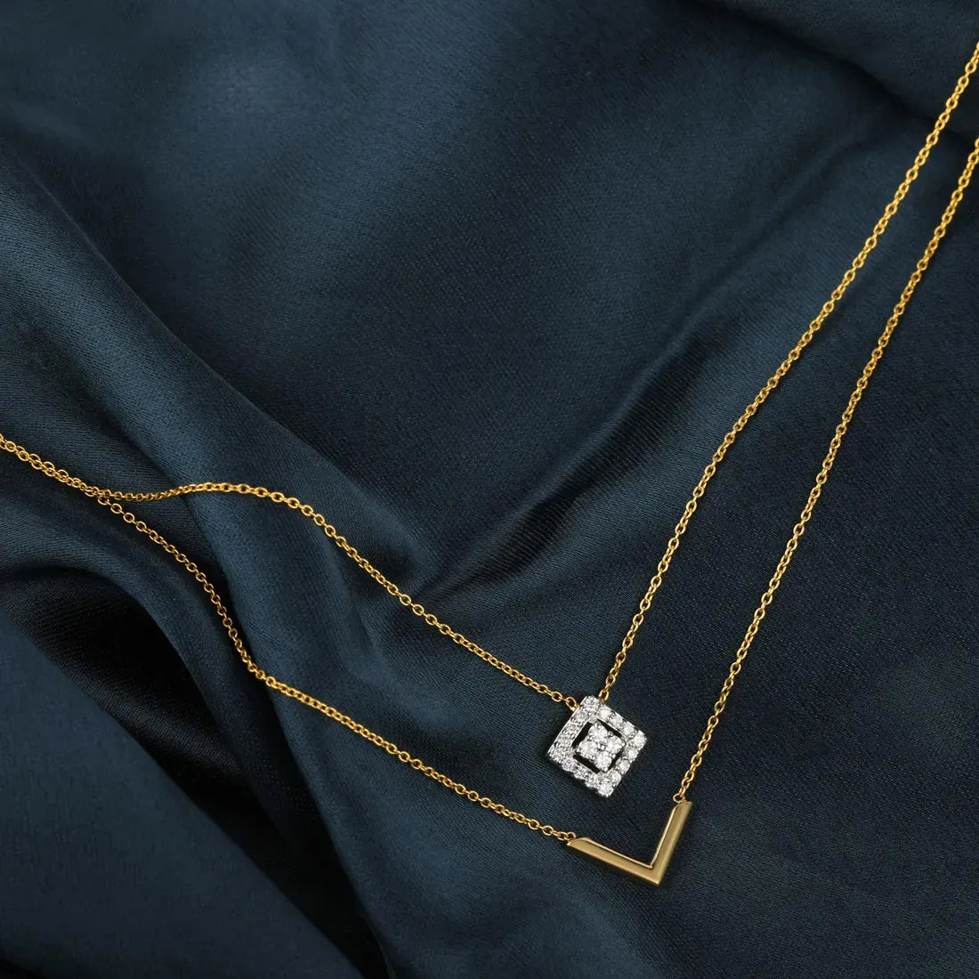Square 2 Layered Diamond Pendant & Necklace