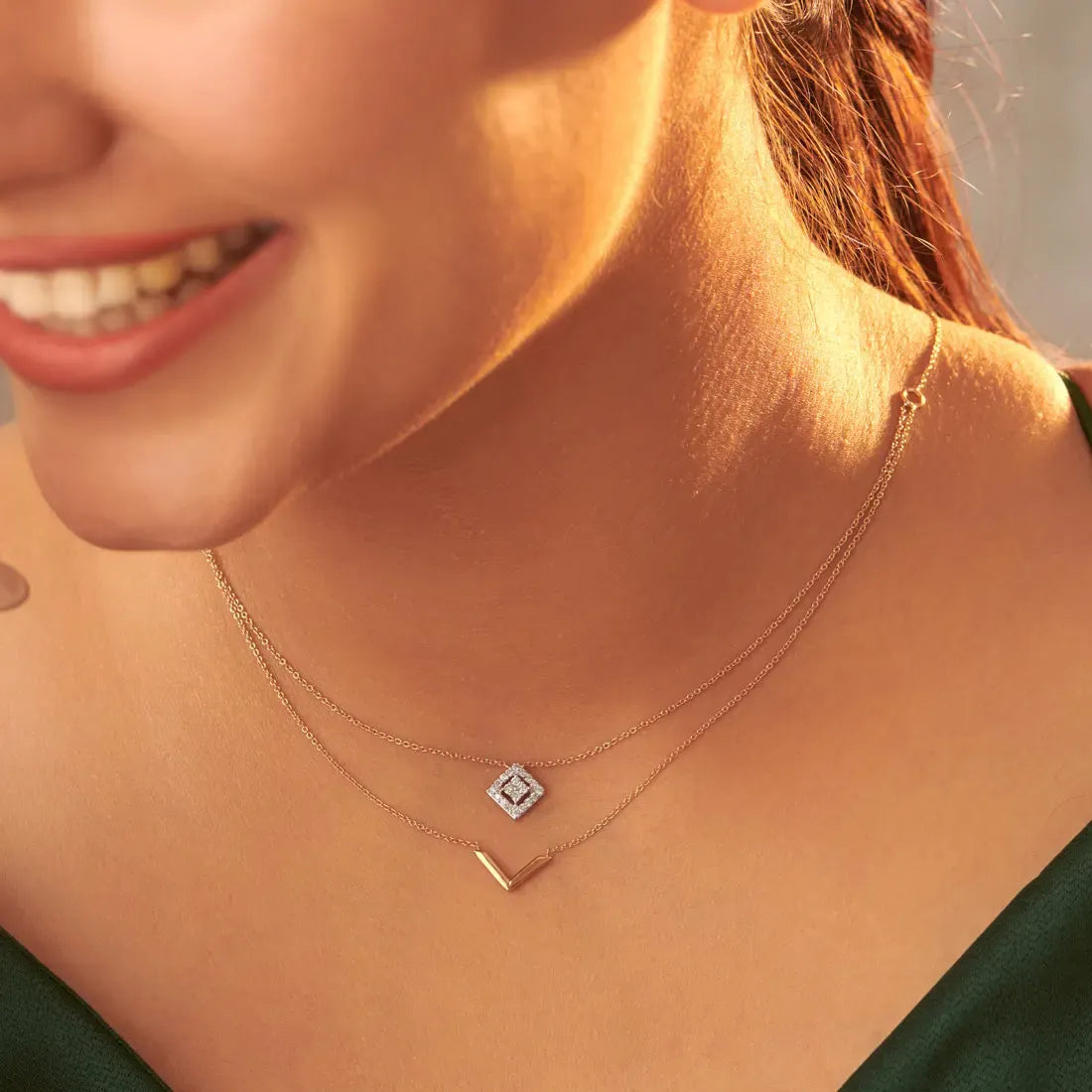 Square 2 Layered Diamond Pendant & Necklace