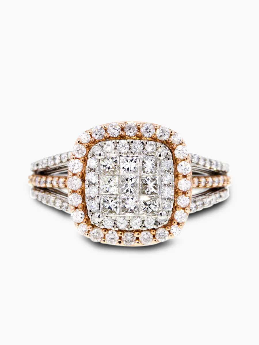 Two-Tone Triple Shank Invisible Set Halo Diamond Ring